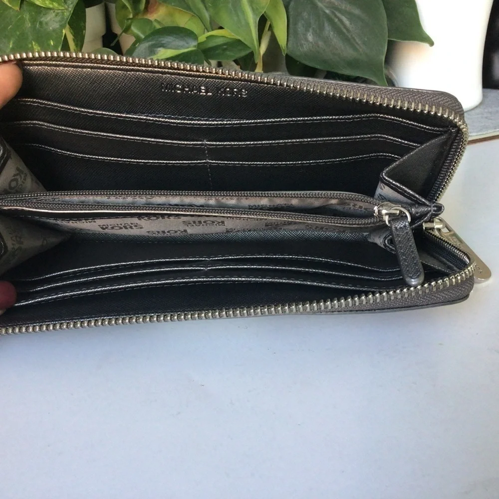Michael Kors Signature Metallic Silver Zip Around Clutch Wallet Accordion Style
